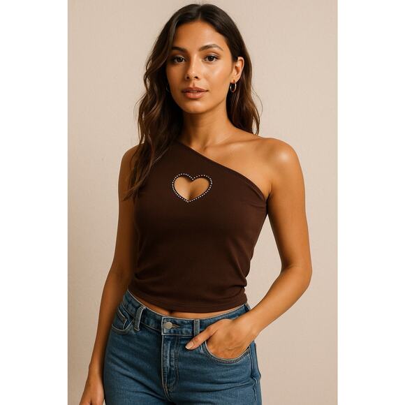 Y2K HOLLISTER Heart Rhinestone Cut Out One Shoulder Tank Top Chocolate Brown S - Picture 1 of 10